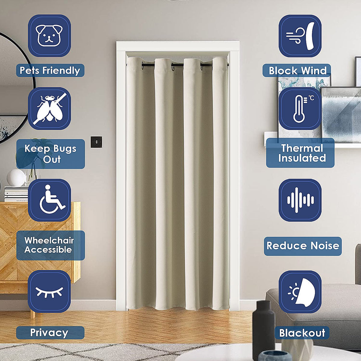 ChrisDowa beige doorway curtain offering privacy and light control for doorways.