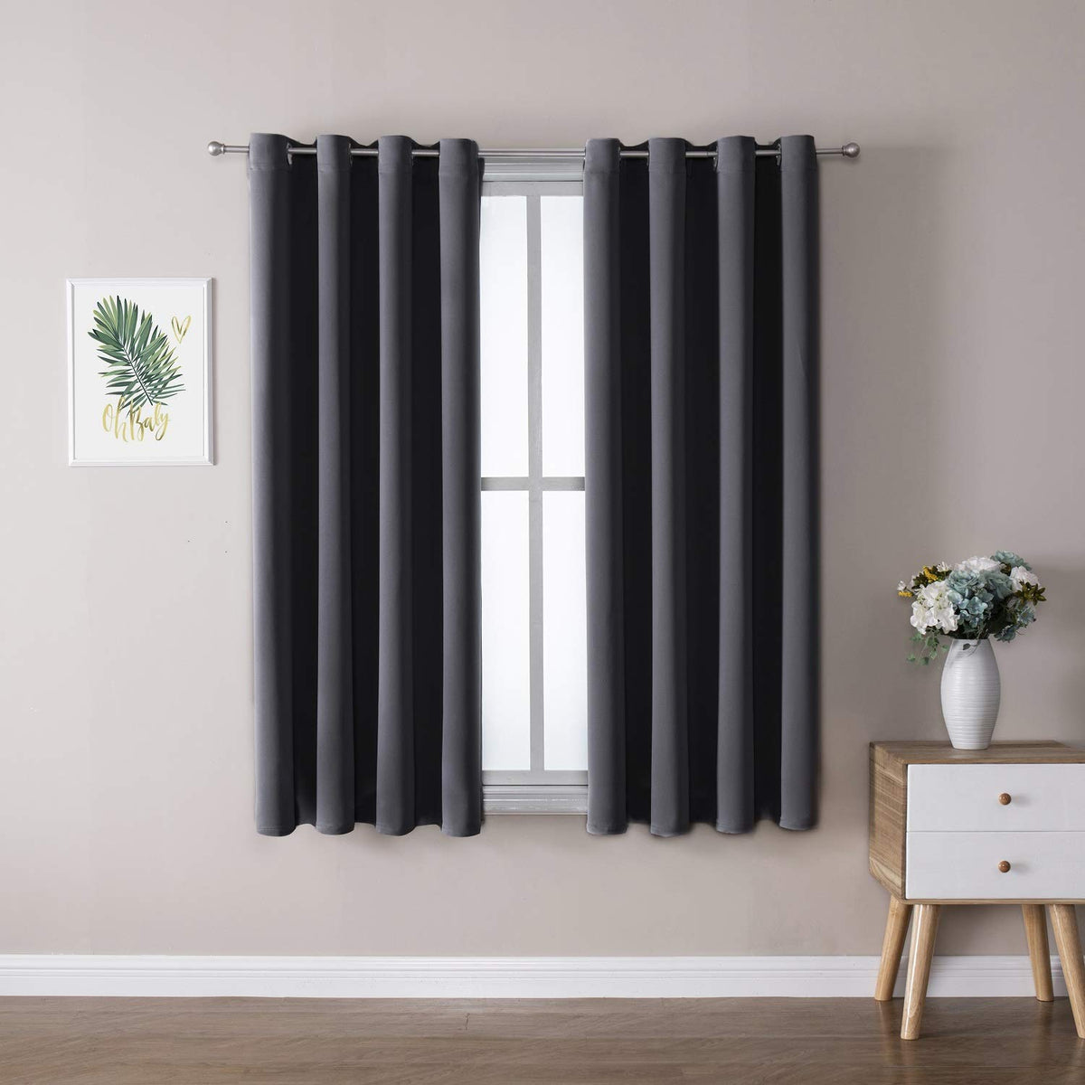 ChrisDowa grommet curtains dark grey close-up showing soft fabric and easy installation.
