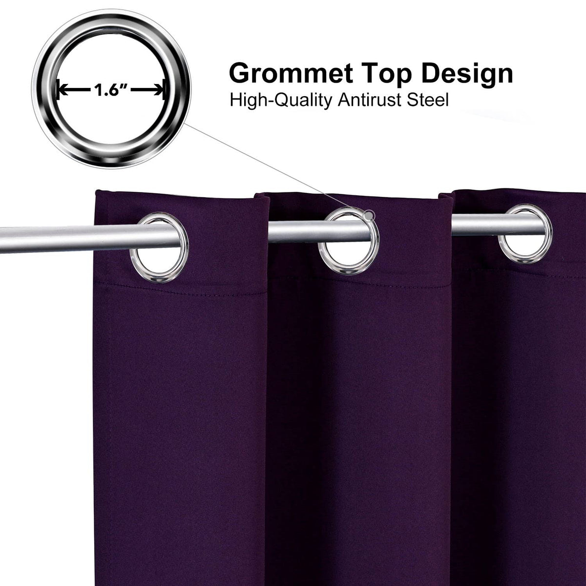 ChrisDowa grommet curtains royal purple fabric close-up shows soft texture