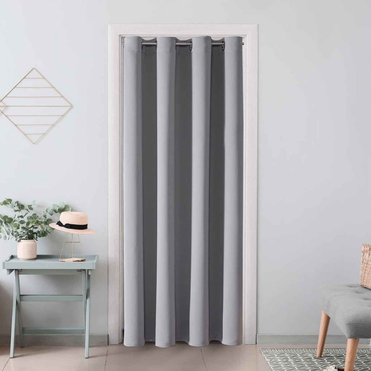 ChrisDowa kitchen storage curtain complements open cabinets with a neat look.