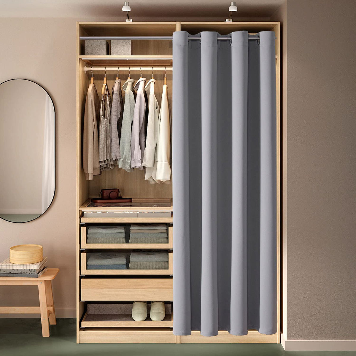 ChrisDowa open cabinet curtain provides quick, removable room separation.