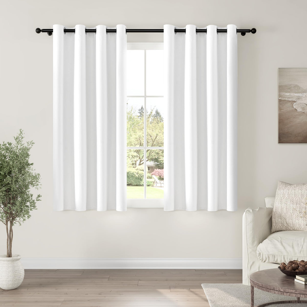ChrisDowa pure white solid curtains with grommet top for smooth operation and room-darkening.