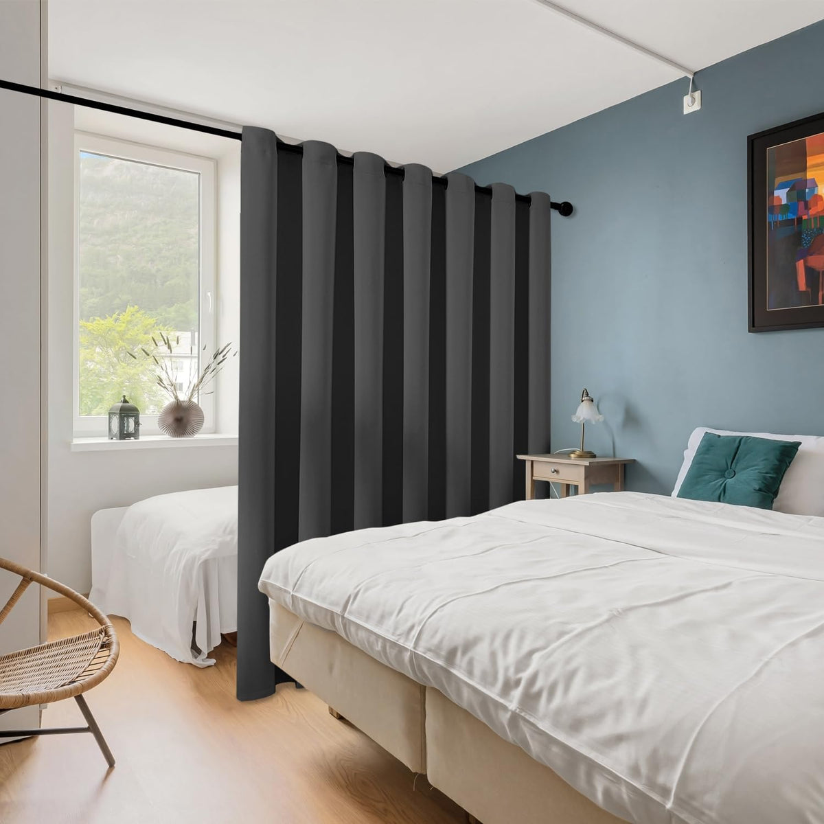 ChrisDowa sliding door curtain provides privacy while separating spaces.
