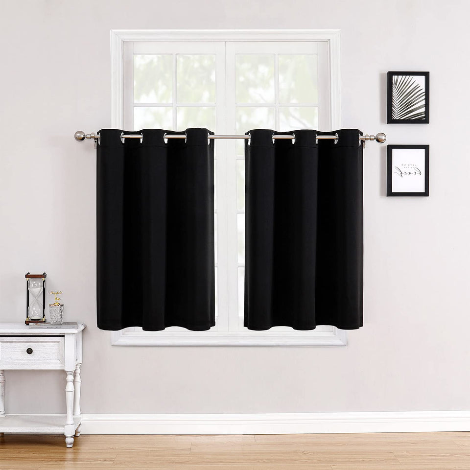 ChrisDowa small window curtains in black block light; panel pack ready for installation.