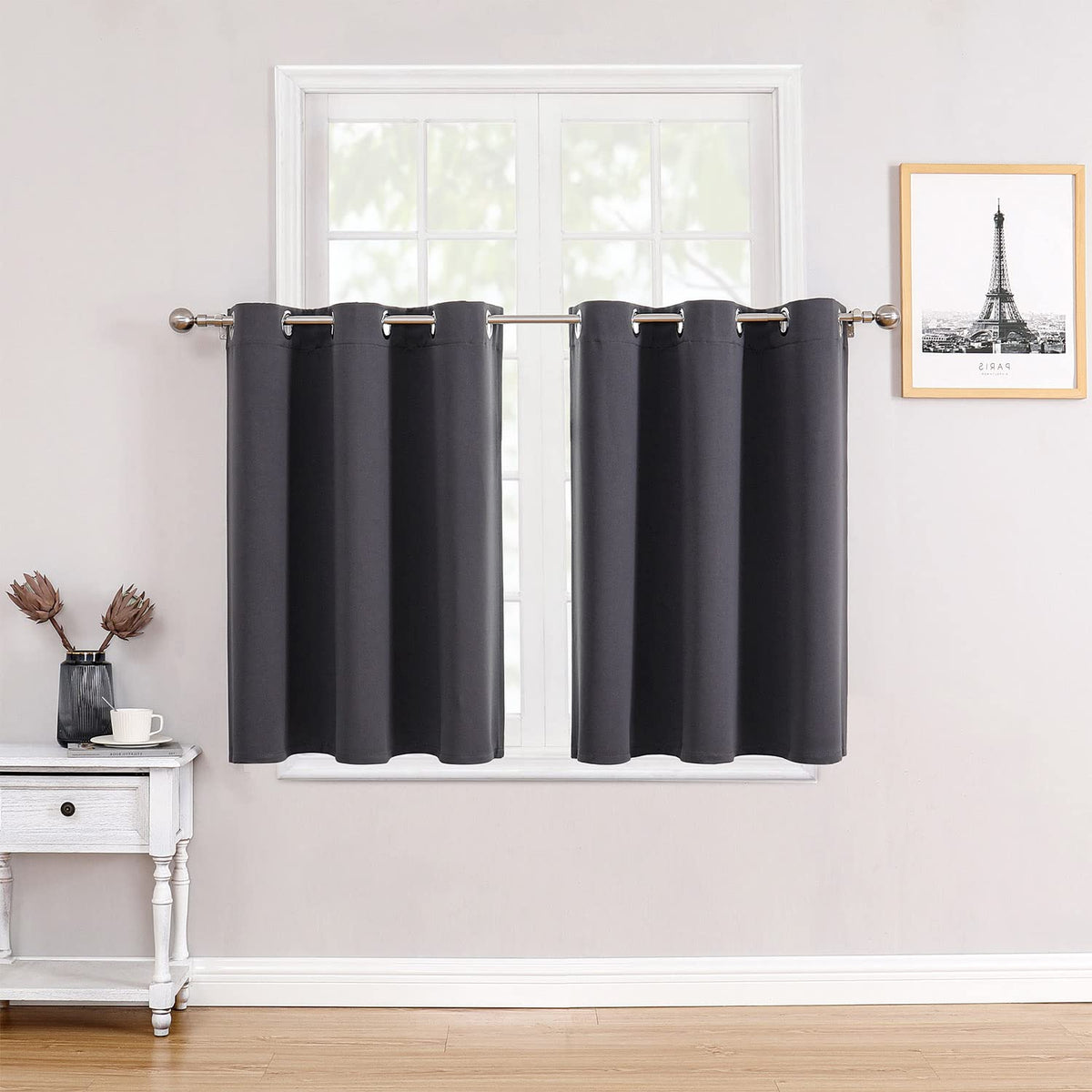 ChrisDowa small window curtains grommet close-up shows durable metal hardware and easy slide action