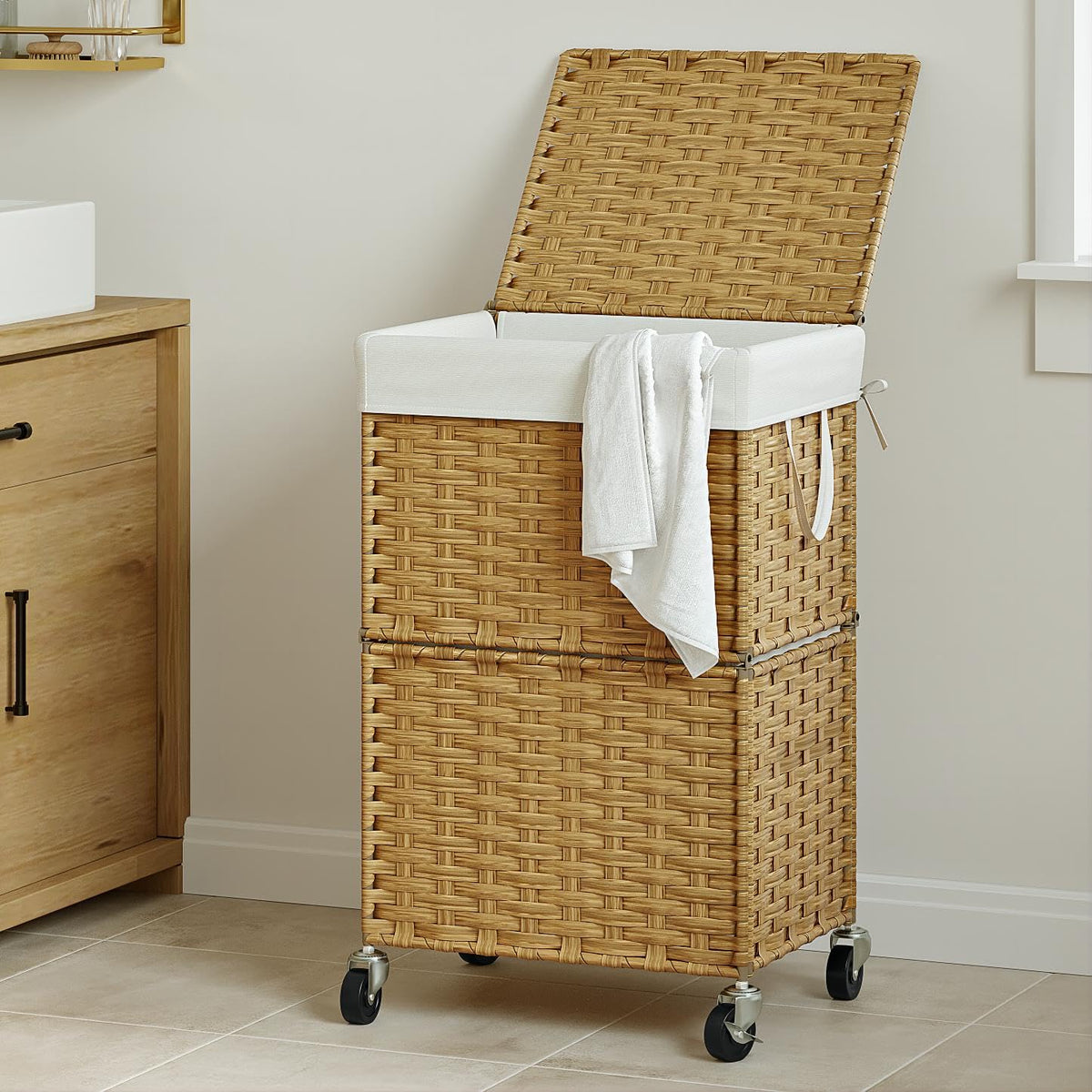 Chrislley side view shows a wheeled, space-saving laundry hamper in yellow.