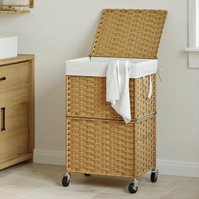 Chrislley side view shows a wheeled, space-saving laundry hamper in yellow.