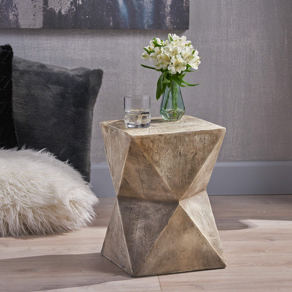 Christopher Knight Home Manuel weight-concrete accent table, side angle, modern hourglass silhouette for living areas