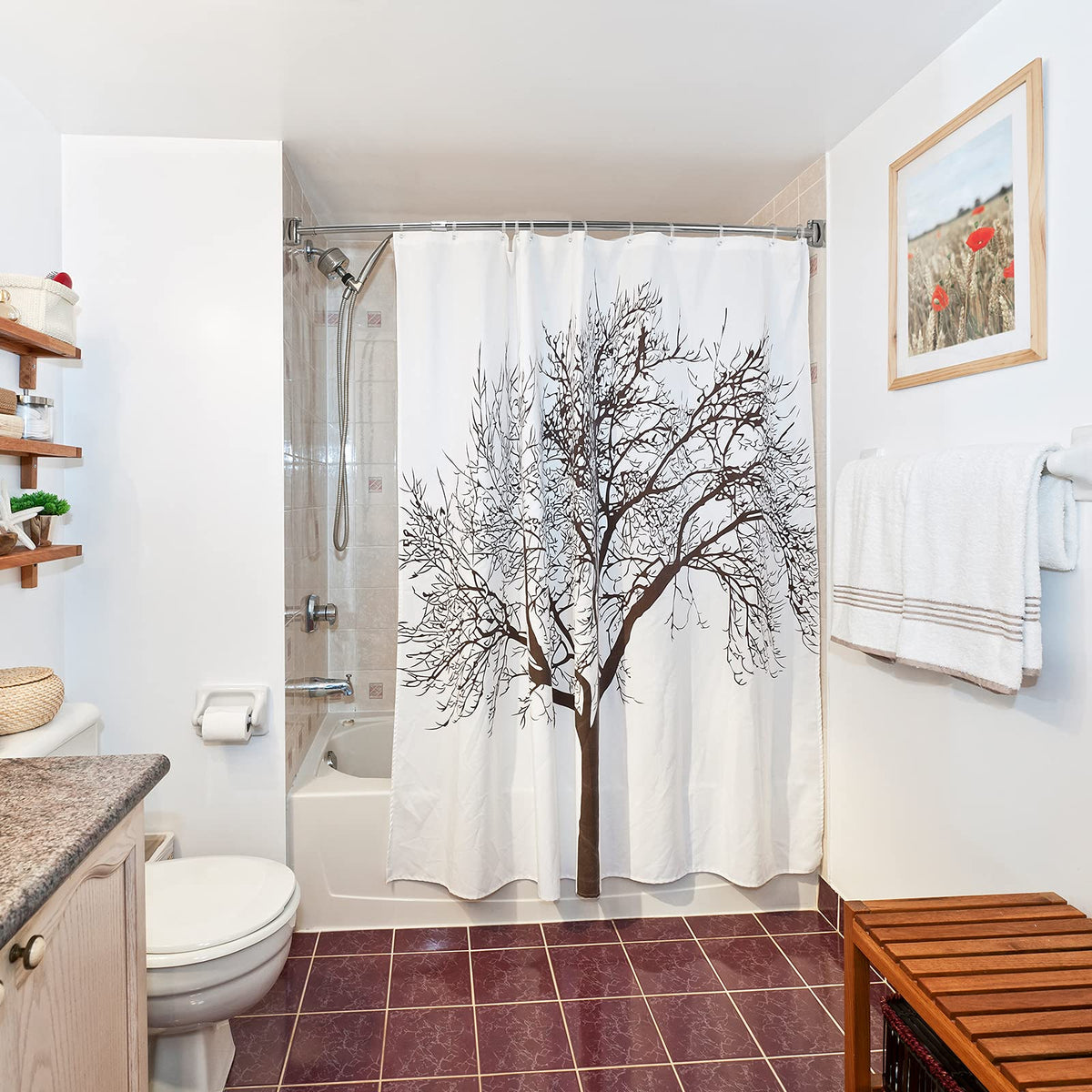 Chrsouly silver curved shower rod in a clean bathroom setting