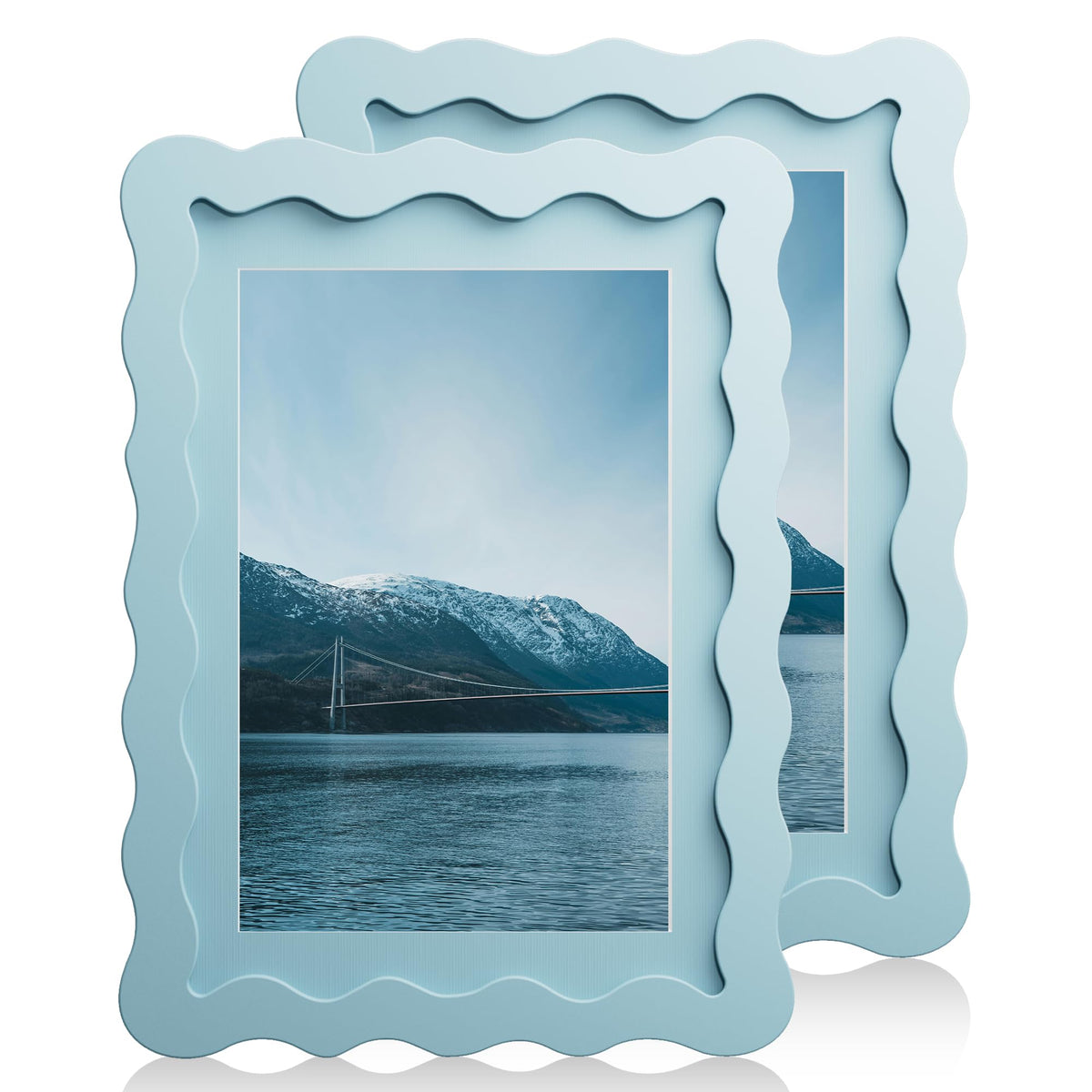 Chrspk 5x7 blue wavy frame with mat mounted on wall for 4x6 display