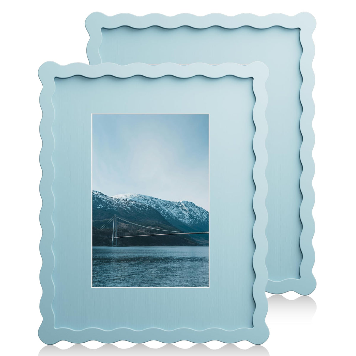 Chrspk 8x10 wavy blue frame front view with clear glass protecting photos
