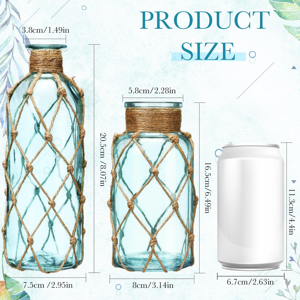 Chuangdi large coastal vase with light-blue glass and boho rope for weddings.