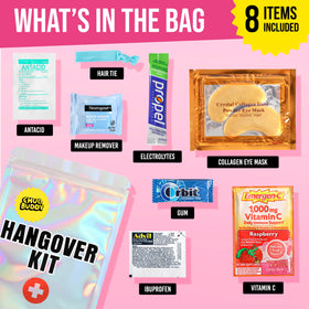 Chug Buddy hangover kit bag inside view highlighting compact contents for guests.