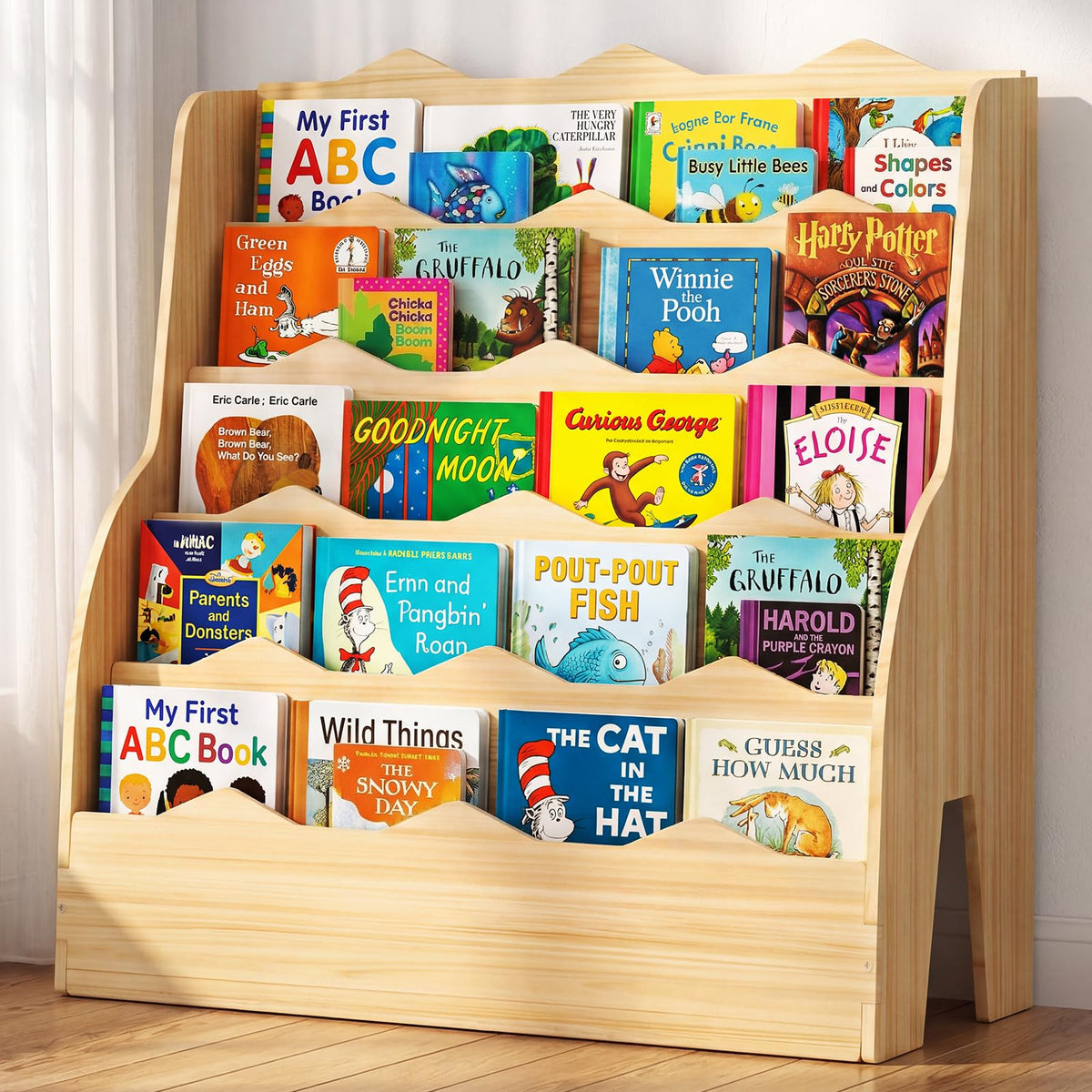 Chuiendi 5-Tier Book Shelf front view in natural wood, easy access for kids