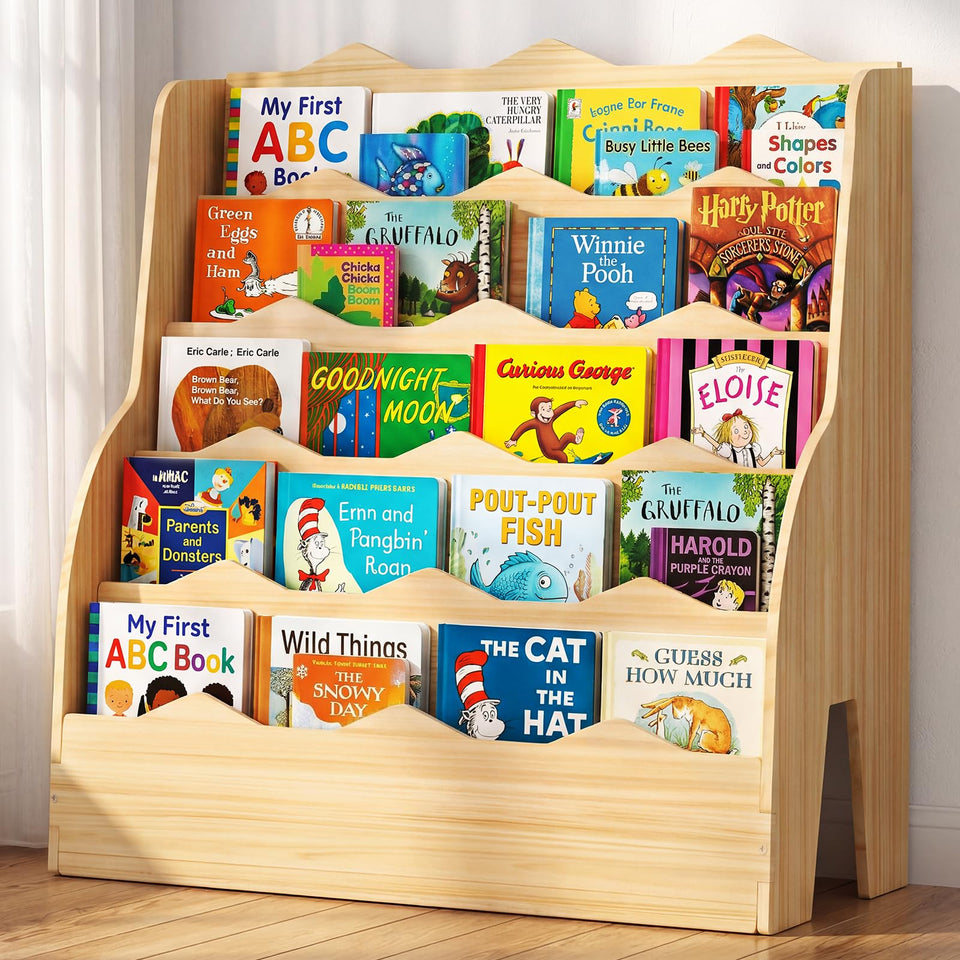 Chuiendi 5-Tier Book Shelf front view in natural wood, easy access for kids
