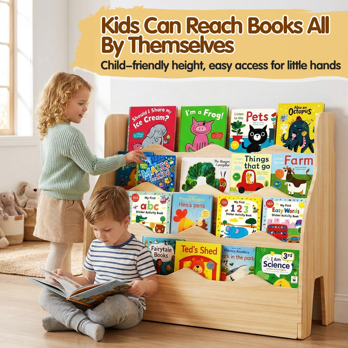 Chuiendi four-tier scalloped shelves organize books by category at a glance.