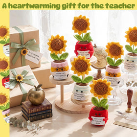Chumia crochet sunflower desktop decor shown on a study desk.