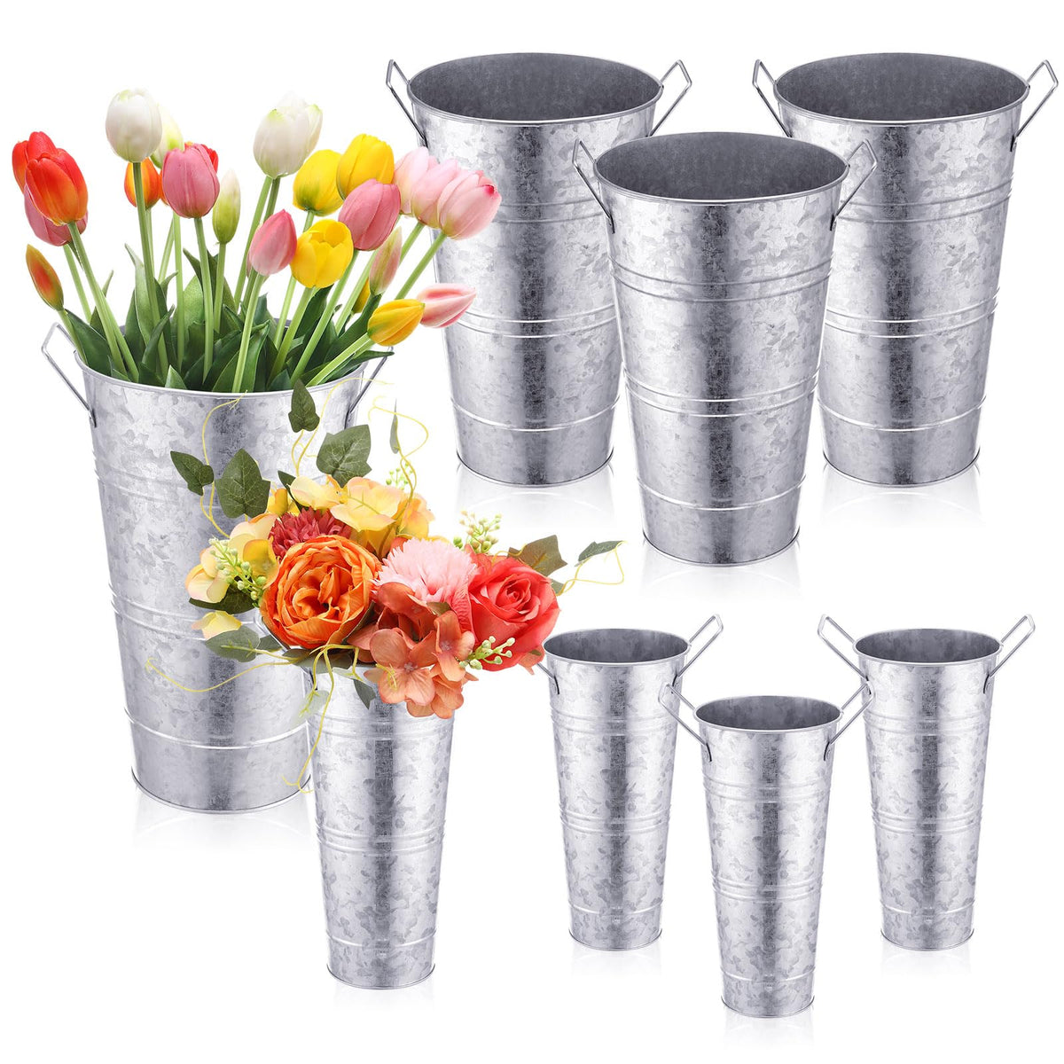 Chumia galvanized flower buckets in large size for bold centerpiece displays.