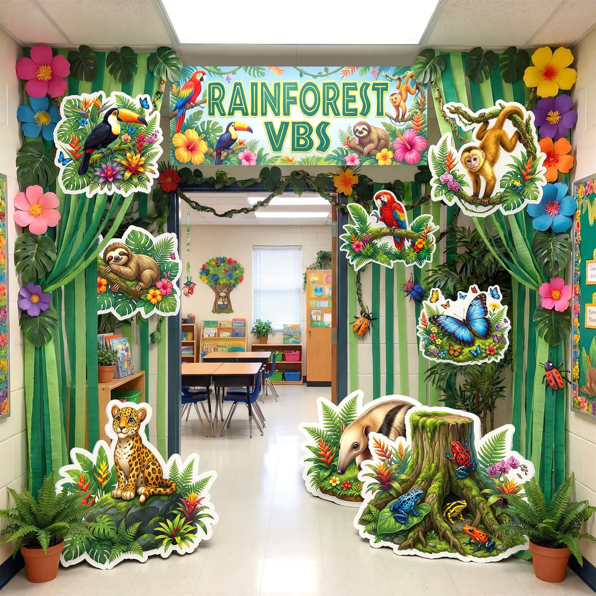 Chumia rainforest standup with sloth for VBS entrance decor and photo ops