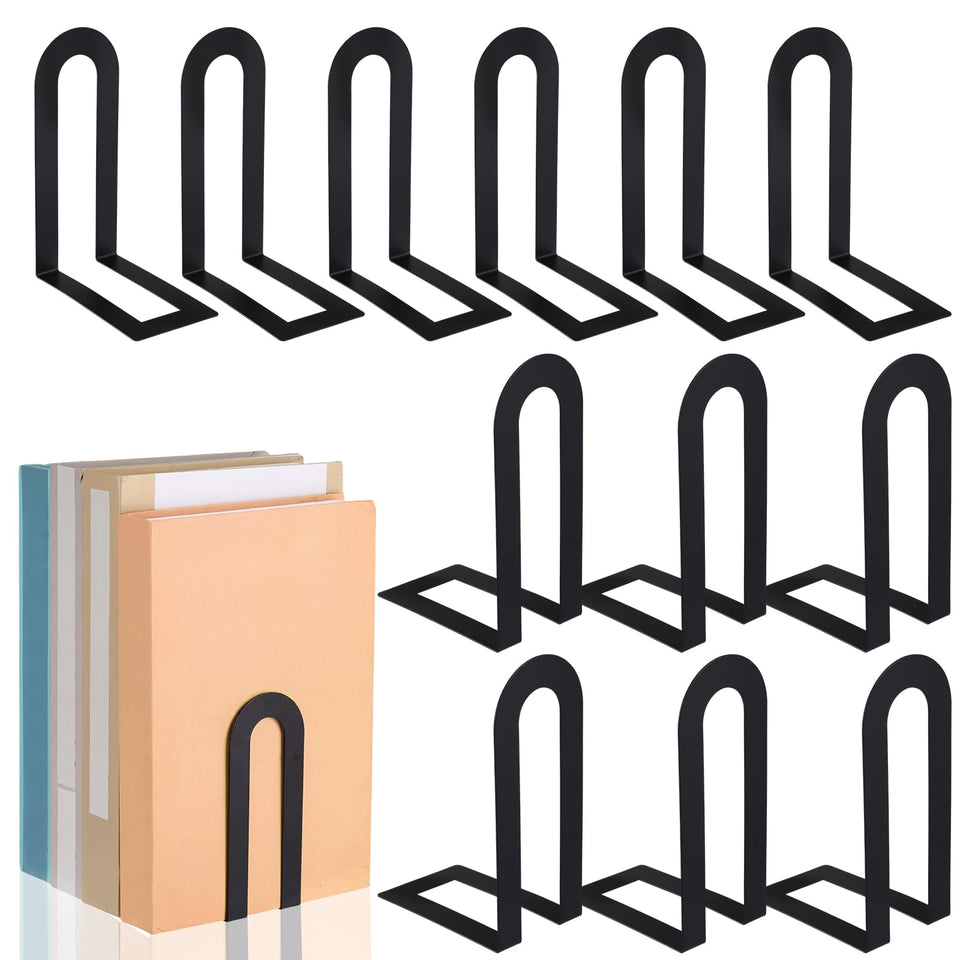 Chunful black modern metal book ends front view keeps shelves neat and organized.