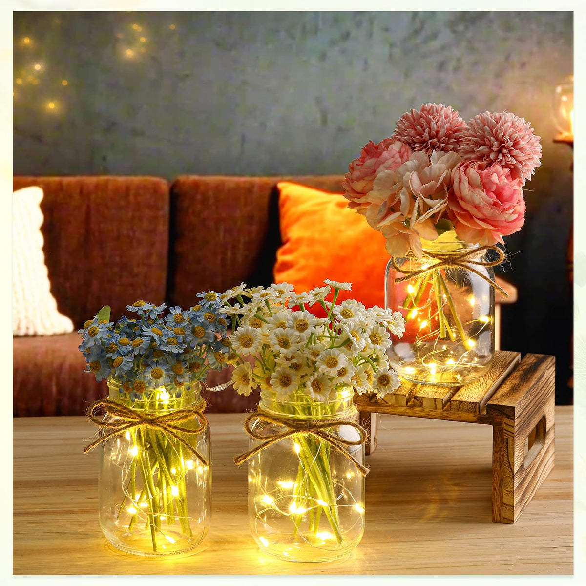 Chunful clear mason jar vase with soft glow ideal for home decor.