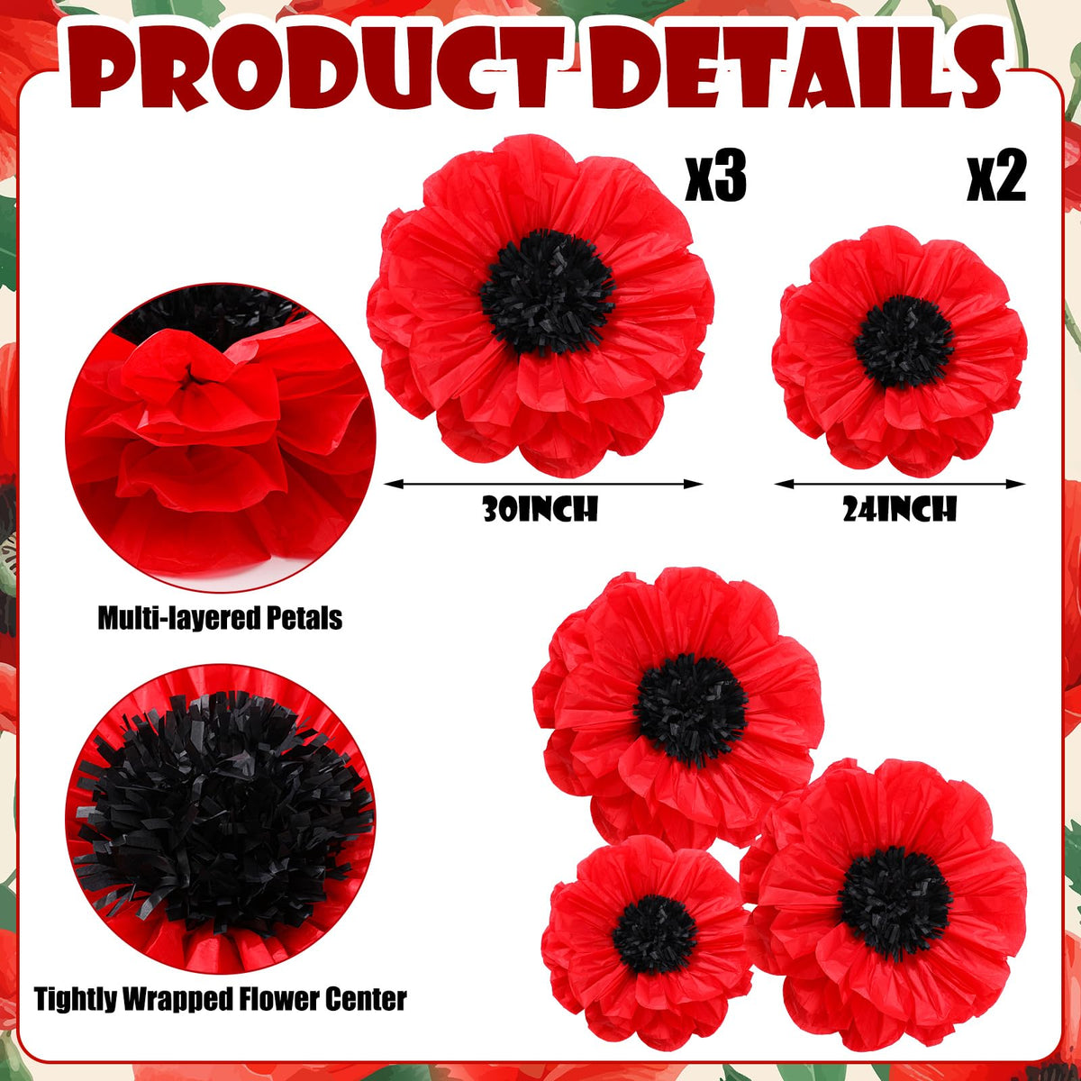 Chunful large red poppy 30 inch bloom adds depth to decor.