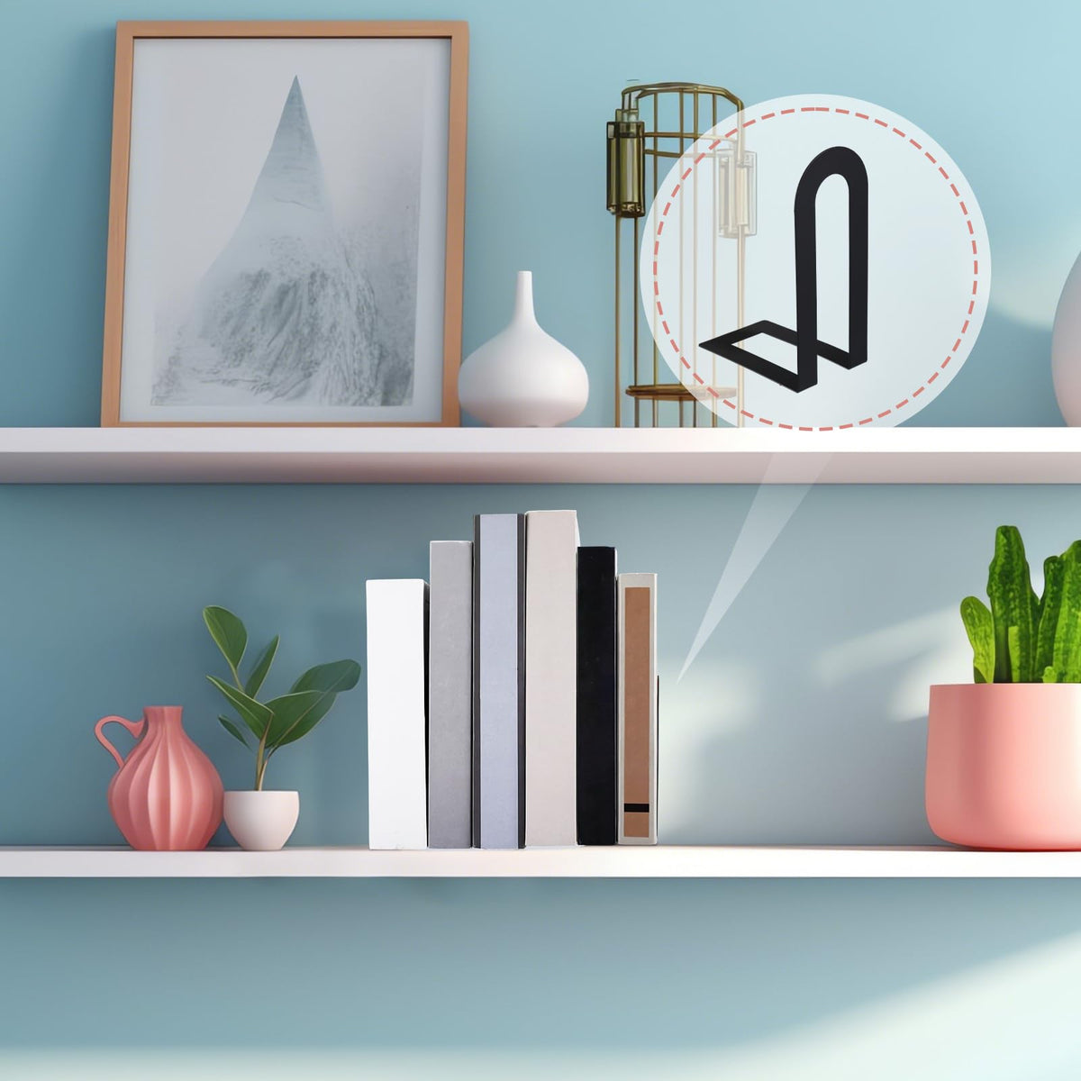 Chunful shelves organized with book ends on a study desk.