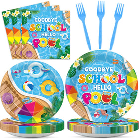 CHUNNIN Goodbye School Hello Pool 7-inch plates add vibrant pool party vibes.