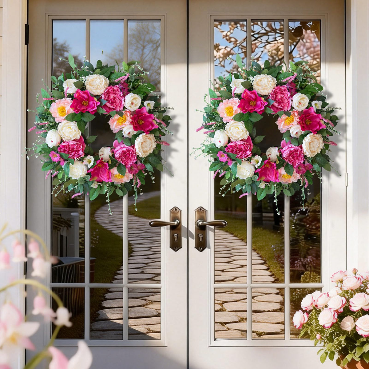 CHvista wreath close-up with magnolias and lavender for vibrant outdoor decor.