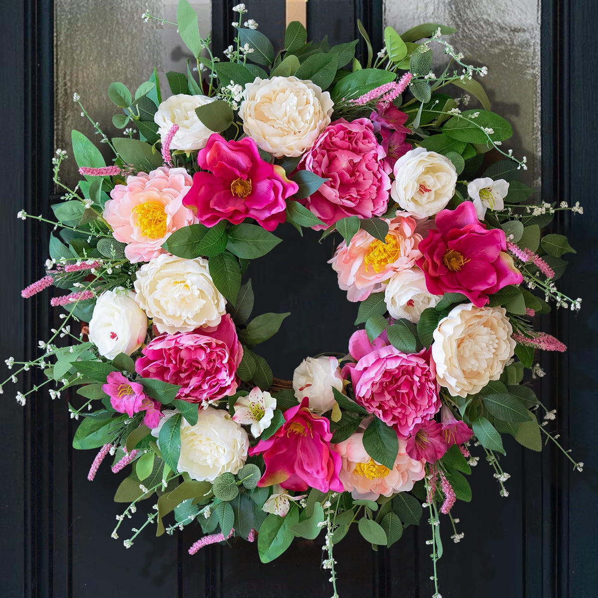 CHvista 24-inch spring wreath with peonies and roses for welcoming front door.