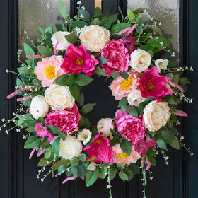 CHvista 24-inch spring wreath with peonies and roses for welcoming front door.