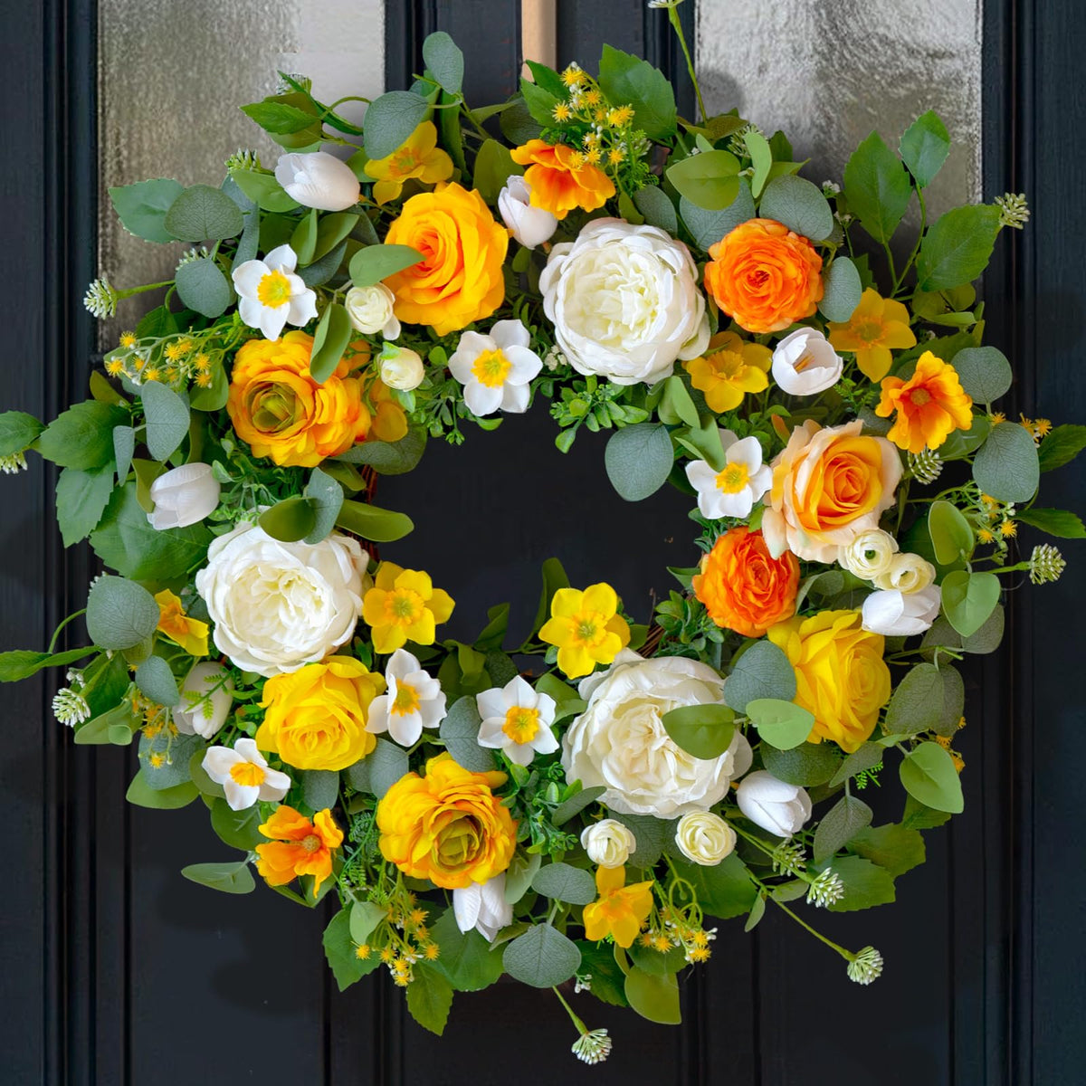 CHvista Spring Wreath with yellow roses on front door boosts curb appeal