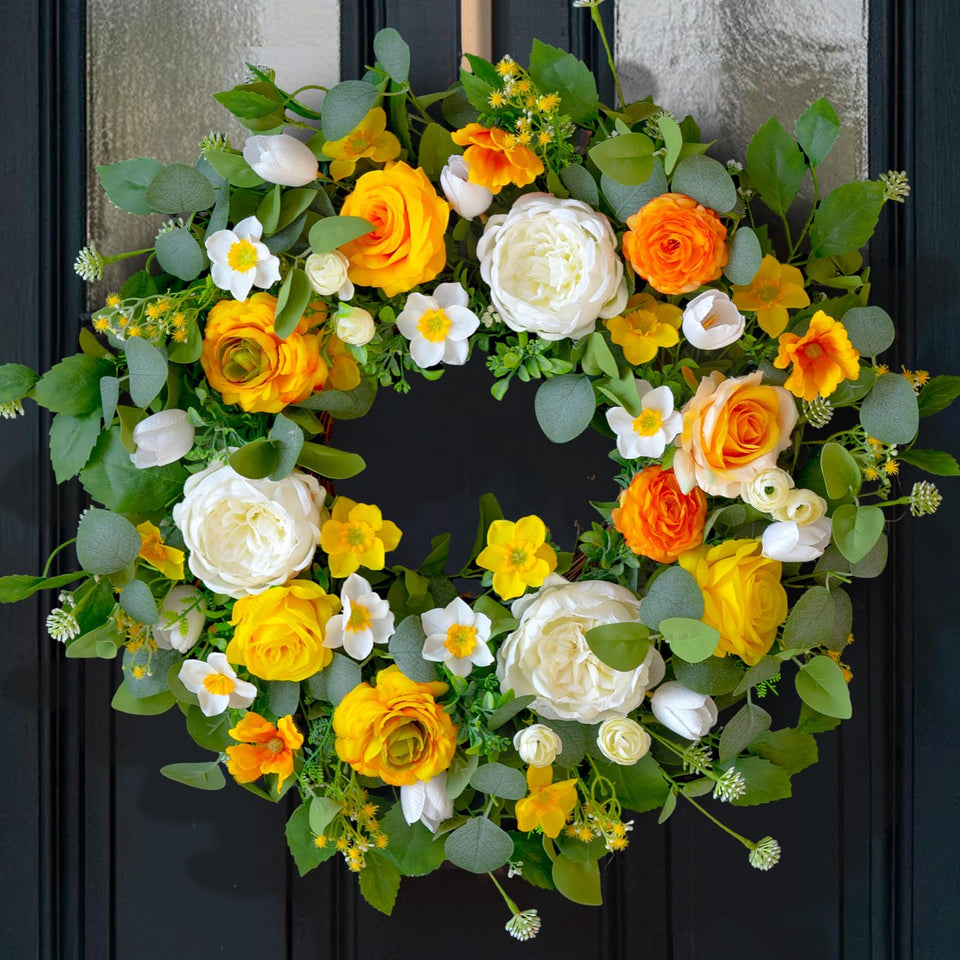 CHvista Spring Wreath with yellow roses on front door boosts curb appeal