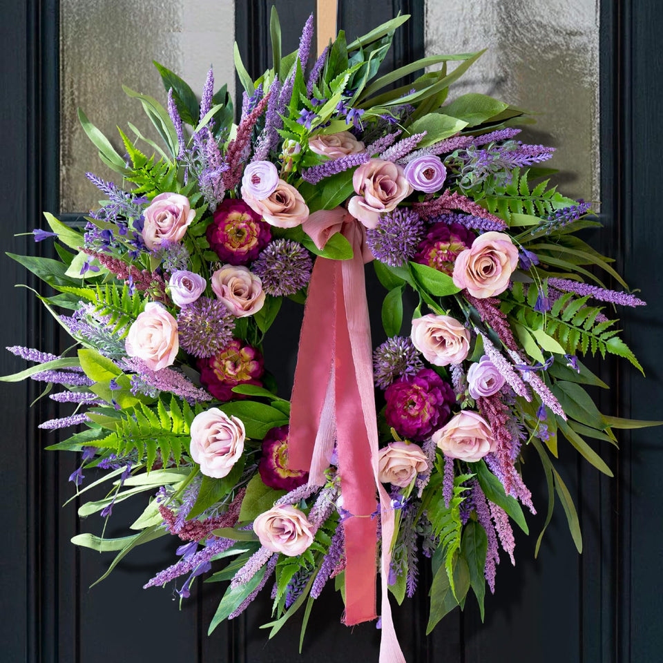 CHvista 24-inch spring wreath on front door enhances inviting curb appeal.