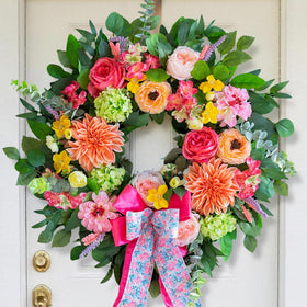 CHvista Spring Wreath for front door 24 inch with peach dahlias boosts curb appeal