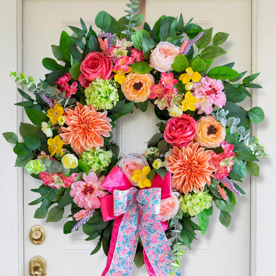 CHvista Spring Wreath for front door 24 inch with peach dahlias boosts curb appeal