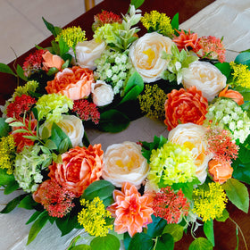 CHvista pink dahlia wreath adds luxurious entryway charm
