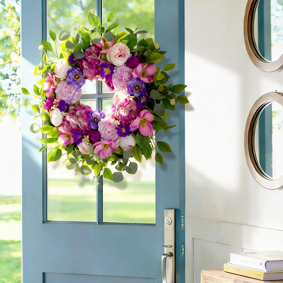 CHvista wreath featuring purple blooms and hydrangeas for vibrant summer decor
