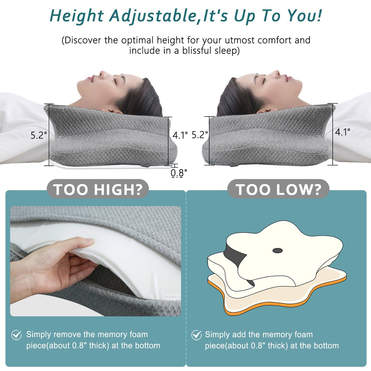 CHxxy pillow removable bottom foam piece for adjustable height