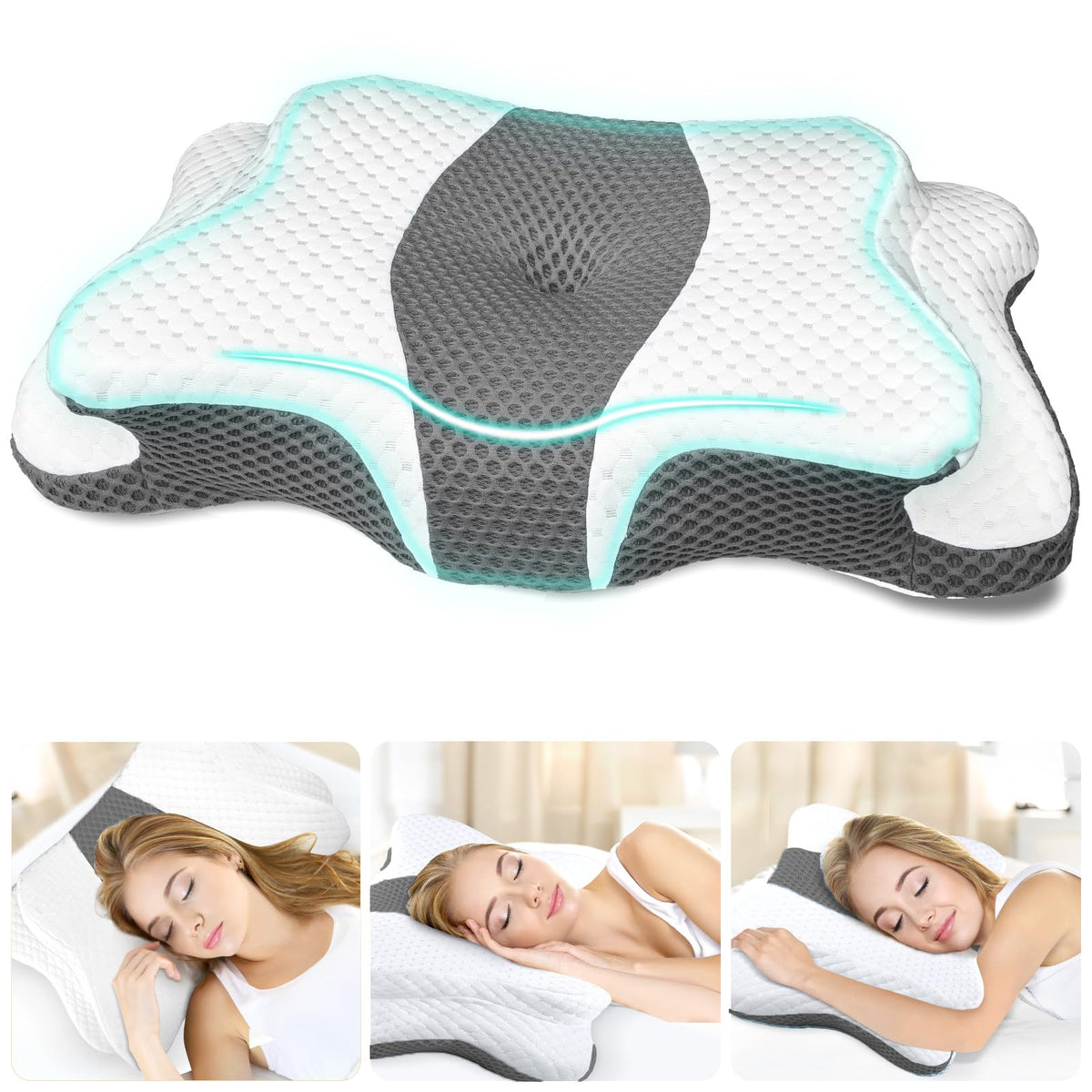 CHxxy cervical pillow front view shows ergonomic contour for neck support