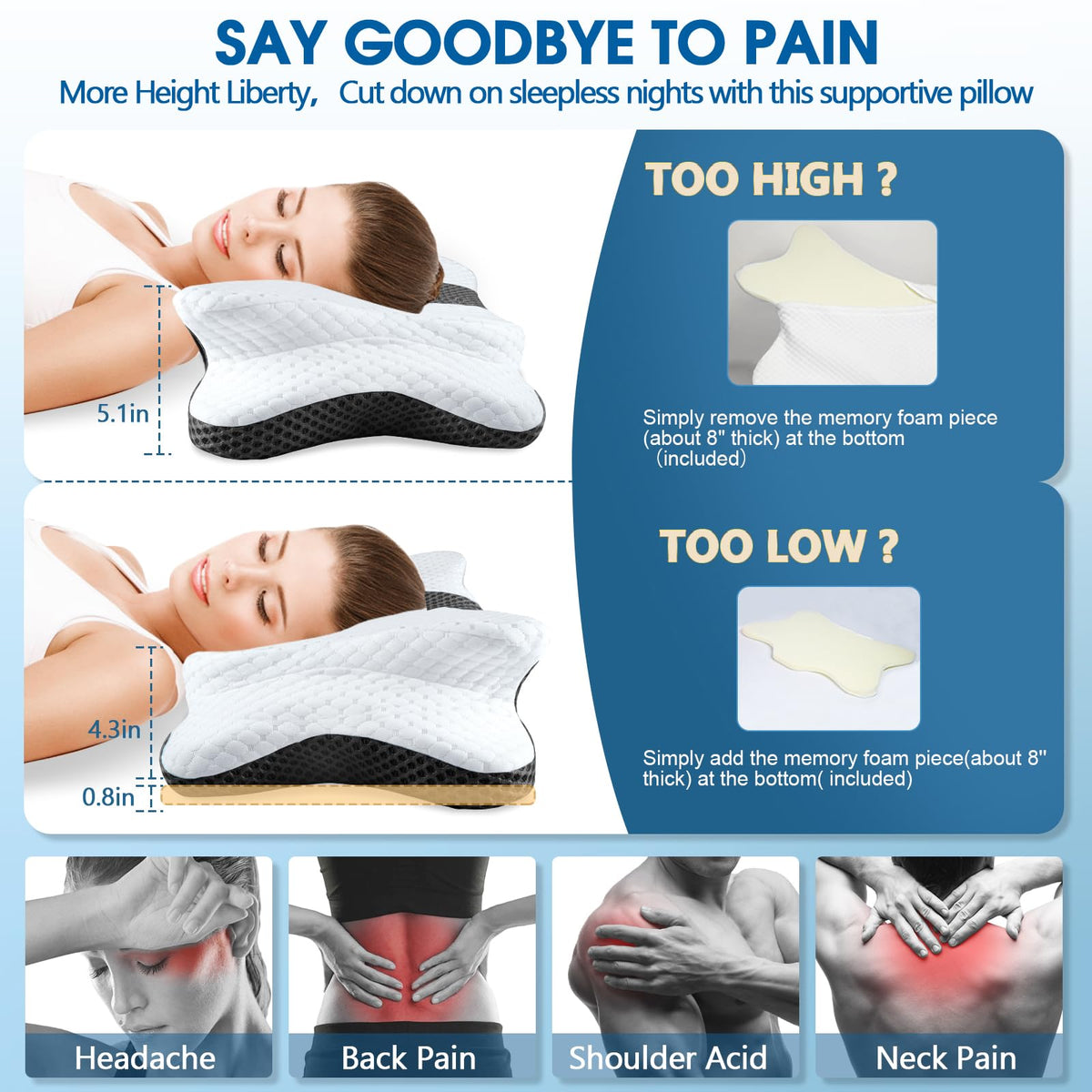 CHxxy Memory Foam Pillow adjustable height by rotation for personalized comfort.