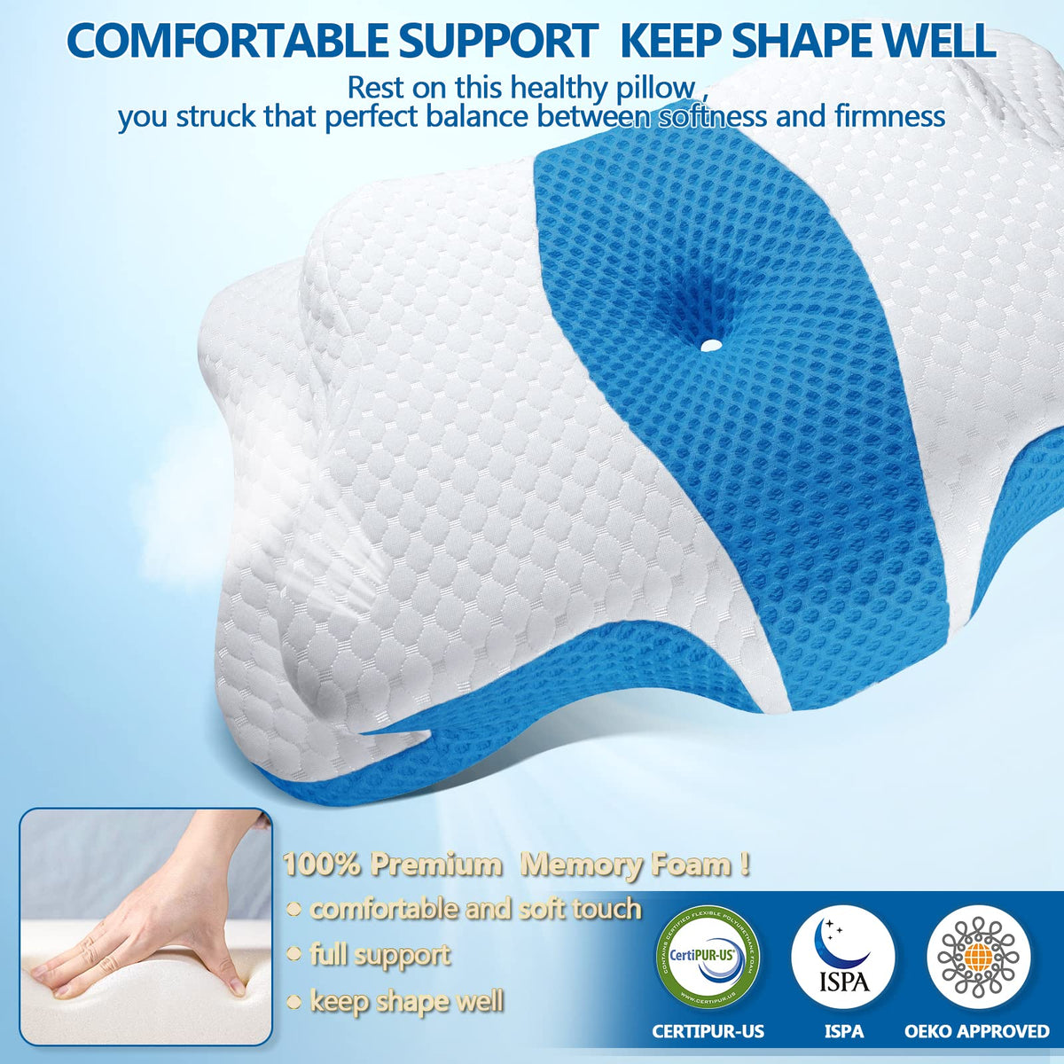 CHxxy memory foam pillow ice-silk cover stays cool and skin-friendly.