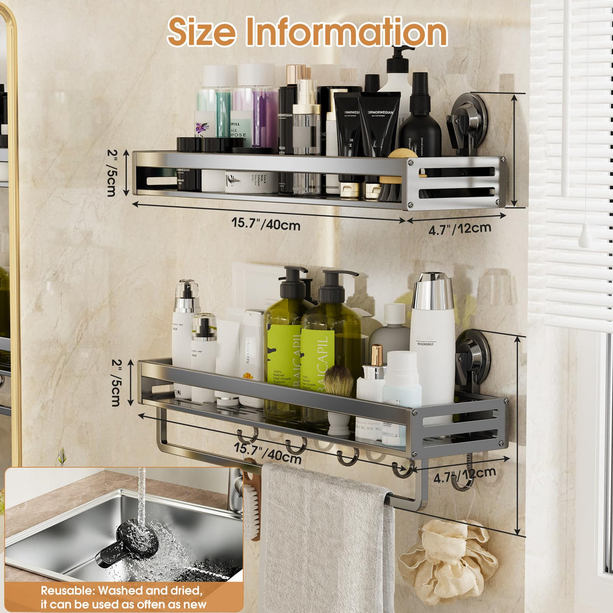 CIBOTIES five hooks on the caddy keep razors and sponges organized.
