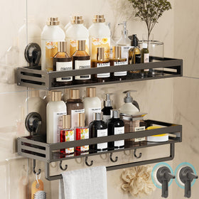 CIBOTIES suction cup shower caddy extended shelf holds large bottles securely.