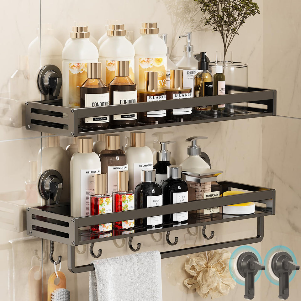 CIBOTIES suction cup shower caddy extended shelf holds large bottles securely.