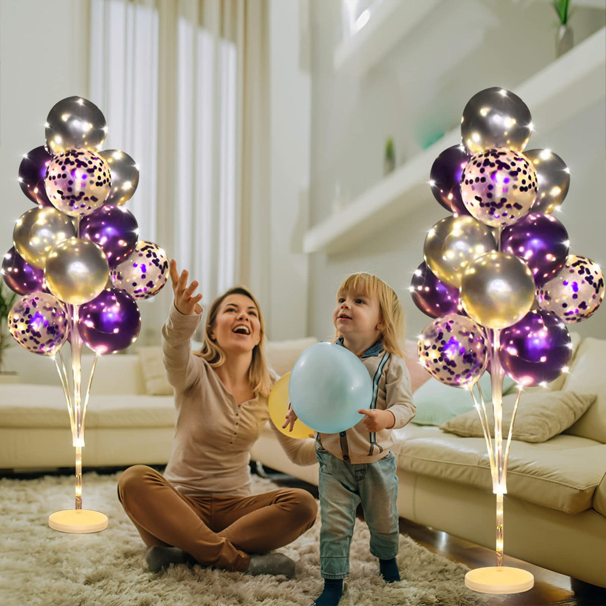 Cicicooie balloons pack with purple, silver, and gold confetti ready to display.