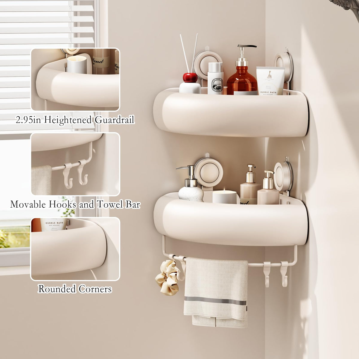 CICUFY caddy with removable hooks and towel bar keeps essentials organized.