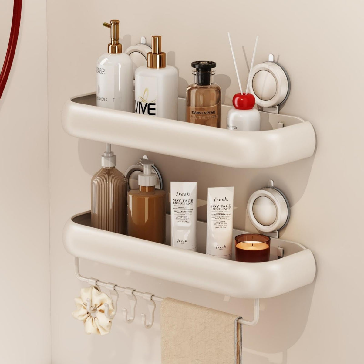 CICUFY shower caddy with strong suction cup securely holds bottles.