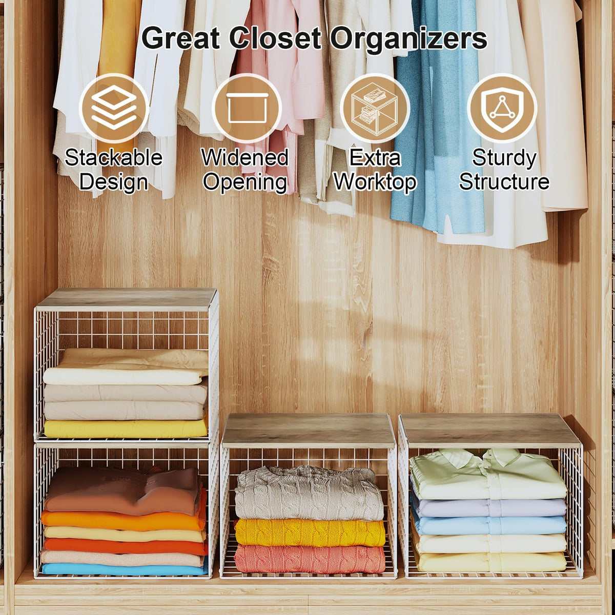 Cidaziya bin combines metal wire and engineered wood for sturdy closet organization.