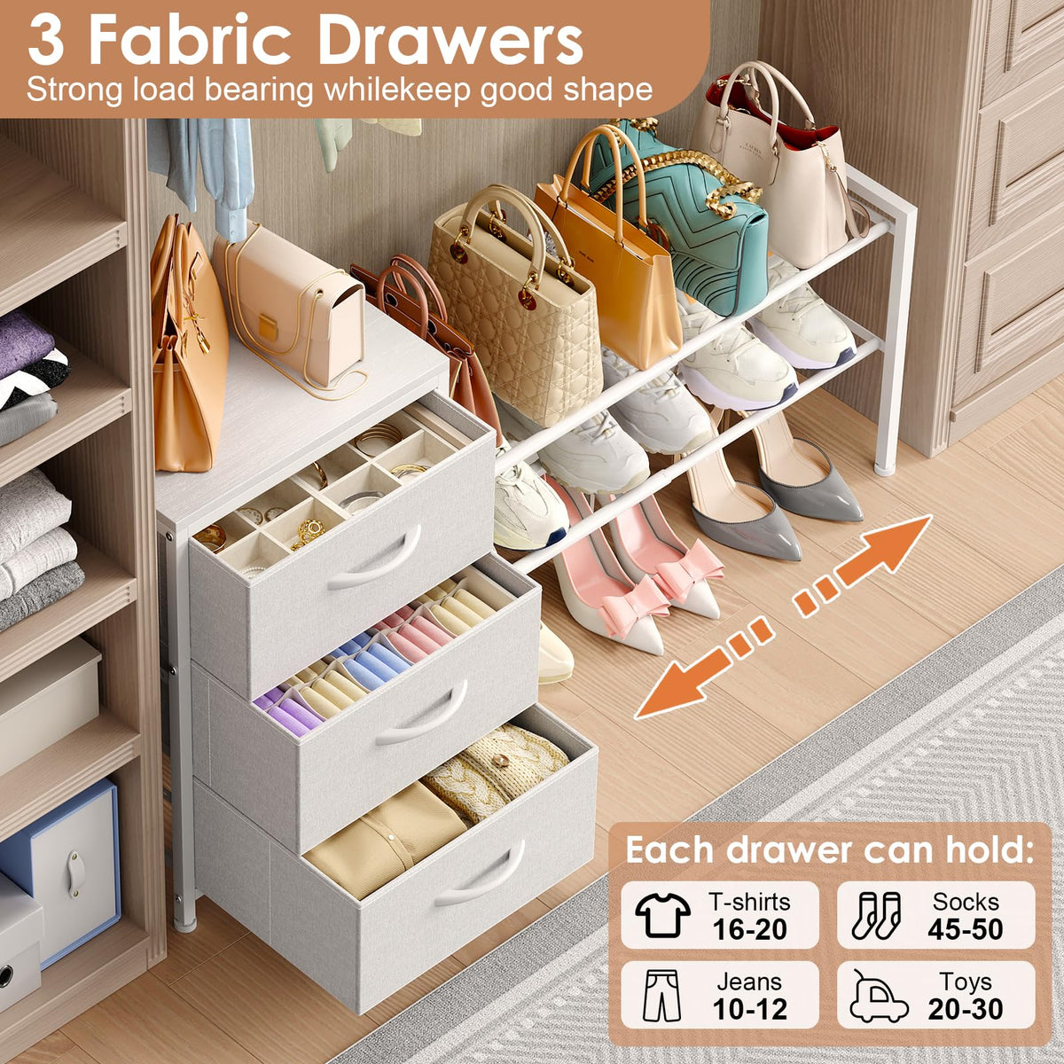Cidaziya expandable shoe rack extends to hold shoes and bags.
